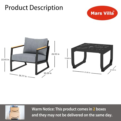 3 Pieces Patio Furniture Set, 2 Pieces Outdoor Armchairs with Removable & Washable Cushion, Modern Patio Bistro Set for for Outside, Porch and Balcony, Black and Grey