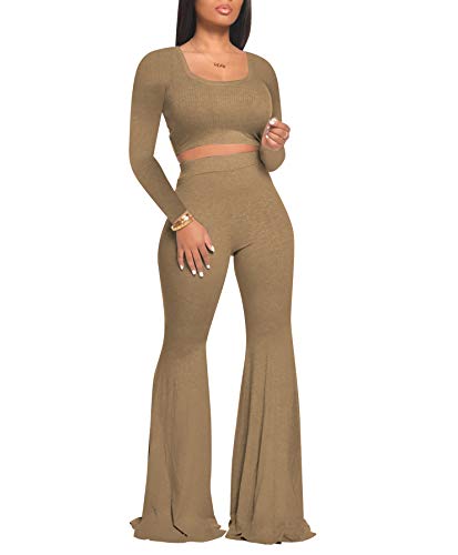 MENCCINO Two Piece Outfits for Women Sexy Crop Top + Flared Long Pants Sweat Suits Ribbed Fitted Tracksuits Yoga Set