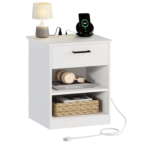 Everyday Side Table with Fast Charging Station - USB C Cable Fast Charging, Wooden Black Nightstand Bedside Table with Drawer, End Table with Optional Adjustable Shelf for Bedroom, Set of 1