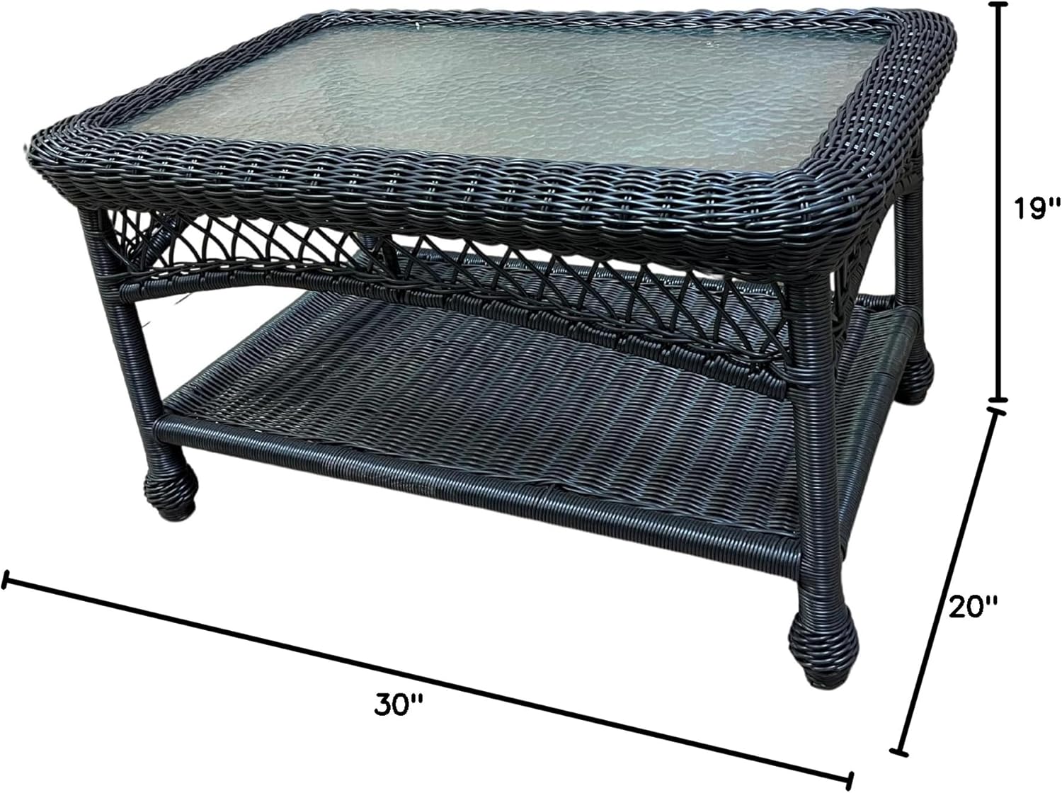 Outdoor Wicker Rectangular Patio Coffee Table in Black Rattan: Cape Cod Style Resin Aluminum Framed Cocktail Table for Patio, Porch