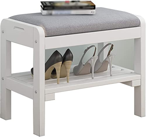 Shoe Storage Bench with Cushion for Entryway, Shoe Bench Rack with Cushion Double-Layer Large Capacity, Household Simple Solid Wood Shoe Changing Stool, Multifunctional Storage Stool(Primary Color+gre