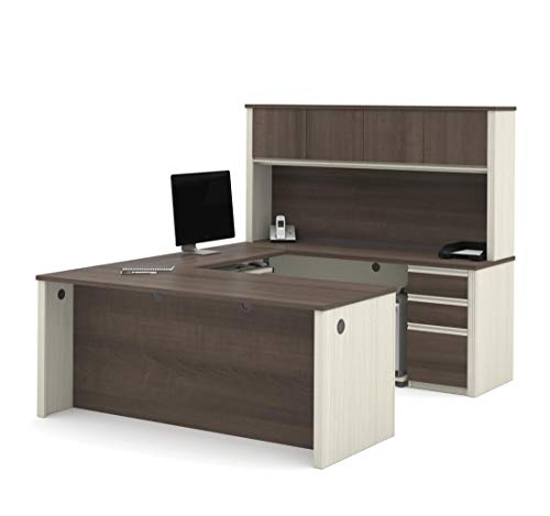 Bestar Prestige + U-Shaped Executive Desk with 2 Pedestals and Hutch, 72W, White Chocolate & Antigua