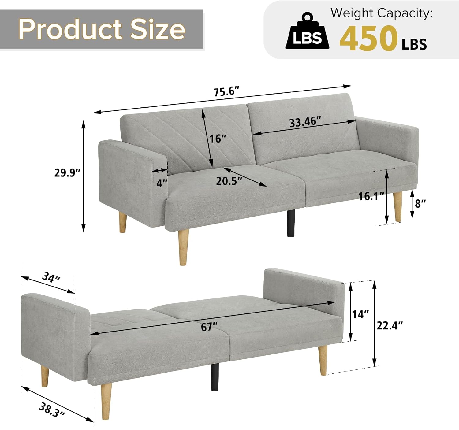 Multi-Functional Futon Sofa Bed :Tapered Wood Legs - Ideal for Small Living Rooms - Multi-Color Fabric Options - Easily Converts to Single Bed,Grey