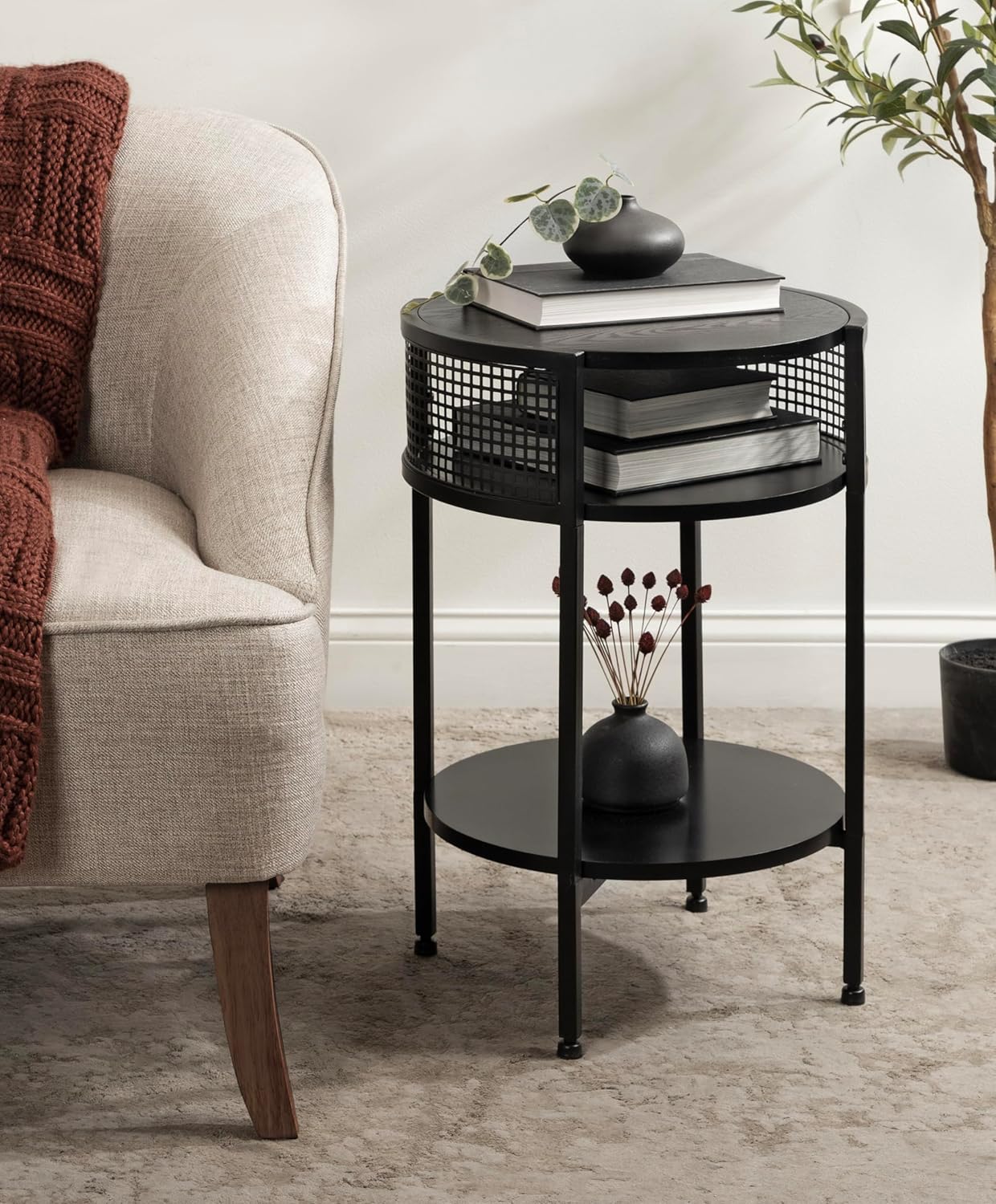 Kate and Laurel Urso Modern Tiered Round Side Table for Living Room Decor with Metal Mesh Details, 16x15x25, Black