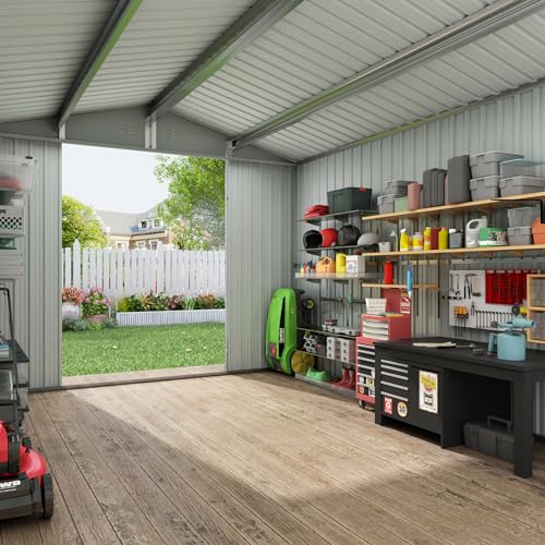 8x12 FT Outdoor Storage Shed, Large Metal Tool Sheds with Updated Frame Structure and Lockable Doors, Garden Shed for Backyard Garden Patio Lawn Grey