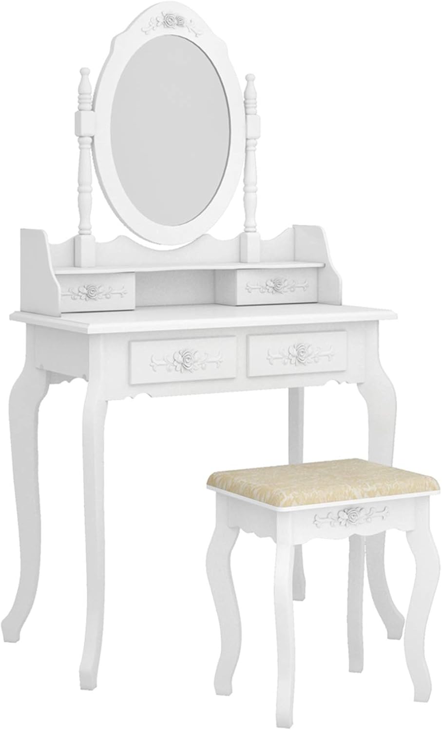 Vanity Table Set with Oval Mirror & Stool, 4 Drawers Makeup Table 360-Degree Rotation Removable Mirror for Bedroom Wooden Dressing Table White