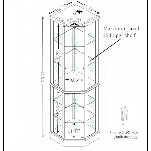 Curio Cabinet with Lighted, Display Cabinet with Glass Doors, Corner China Cabinet with Tempered Adjustable Glass Shelves & Carved Decoration (Crown Roof, Cherry)