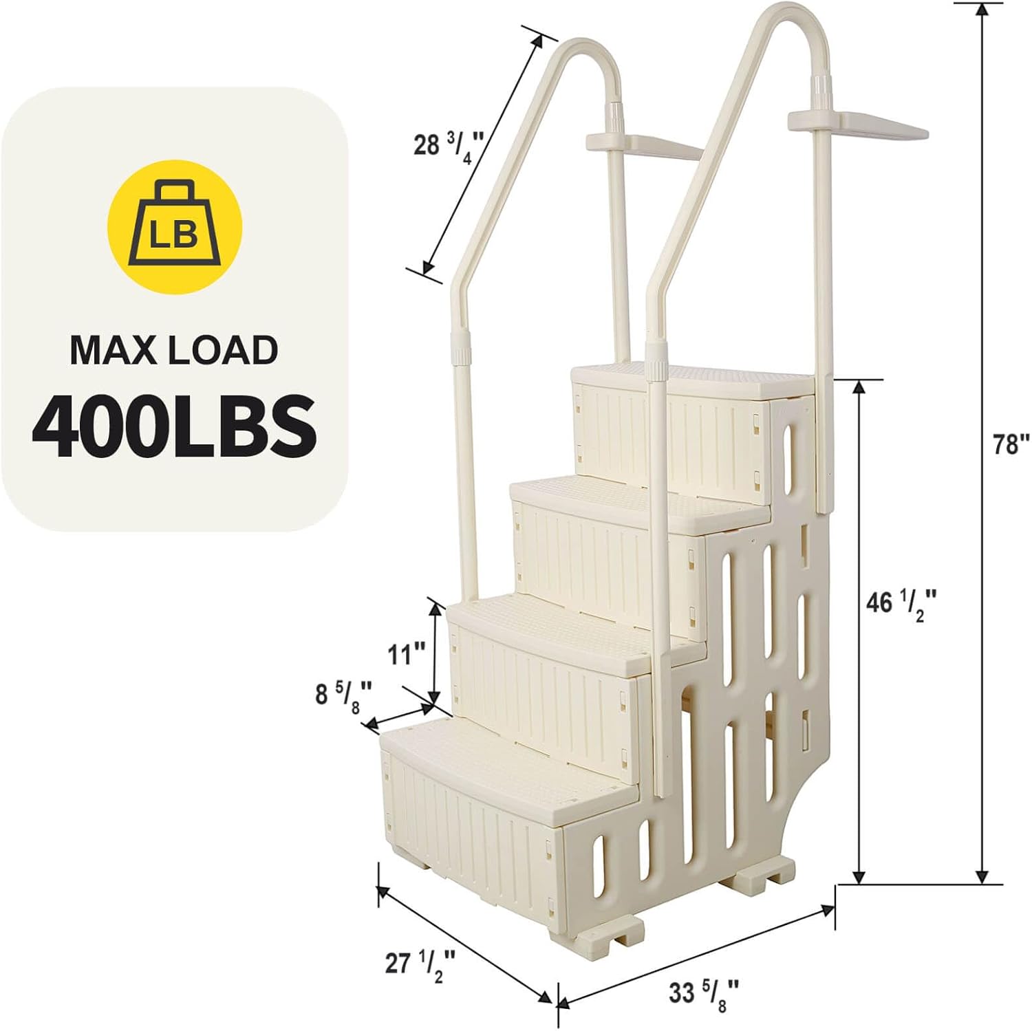Pool Ladder Above Ground for 60'' High Wall Pools, 400lb Load, Plastic Heavy Duty Swimming Pool Steps Above Ground, Anti-Slip Pool Stairs Entry System with Double Handrails, White