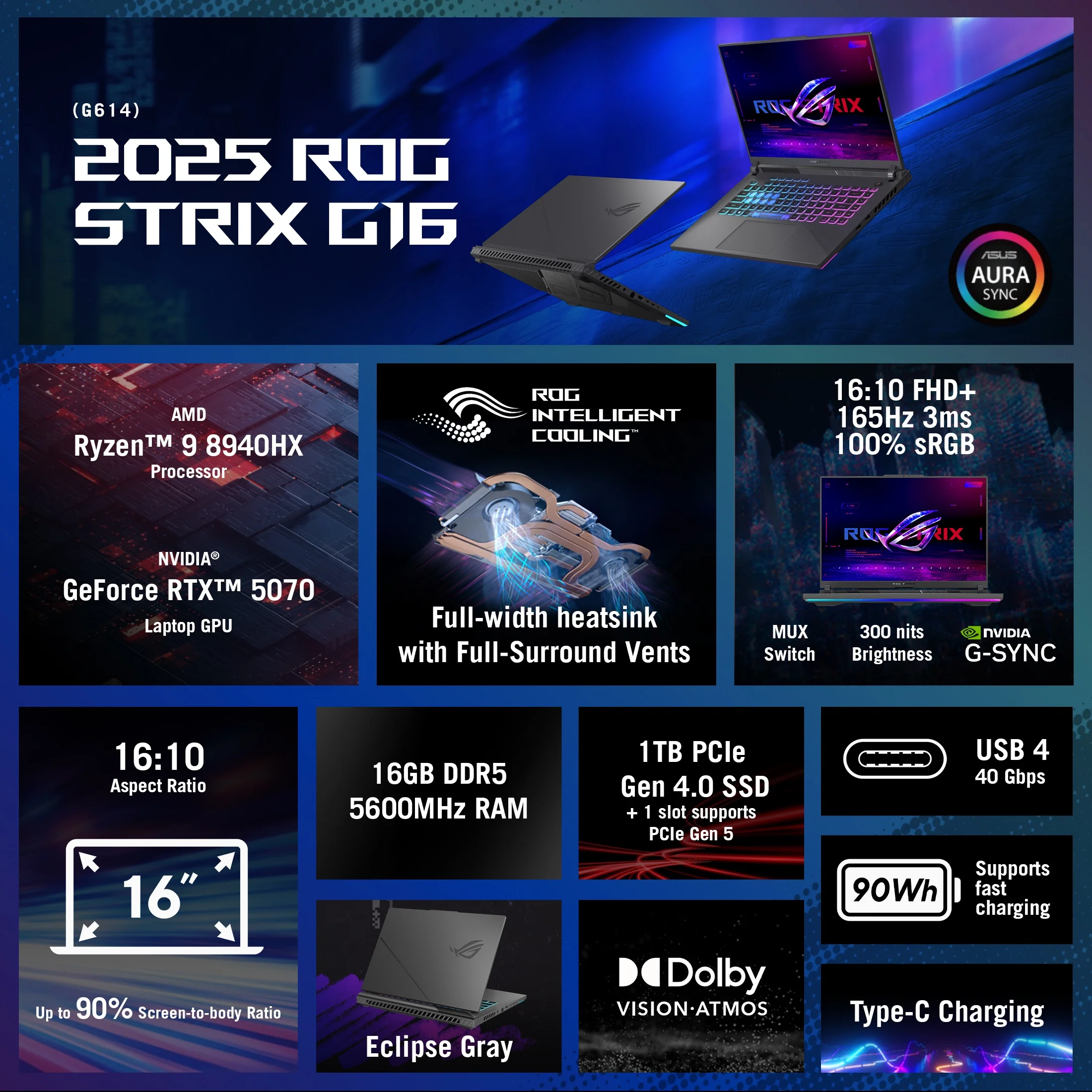 ASUS ROG Strix G16 (2025) Gaming Laptop, 16” 16:10 FHD+ 165Hz/3ms, NVIDIA GeForce RTX 5070, AMD Ryzen 9 8940HX Processor, 16GB DDR5-5600, 1TB PCIe Gen 4 SSD, Wi-Fi 6E, Windows 11 Home, G614PP-WH94
