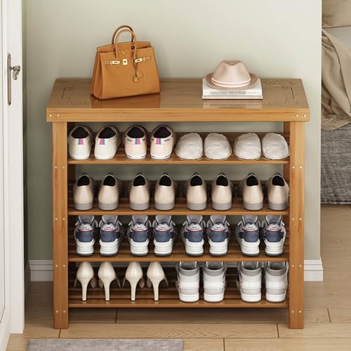 Bamboo Shoe Bench, Entryway Storage Bench with Wide and Smooth Seat, 4-Tier Shoe Rack Organizer Cabinet for Living Room, Bedroom, Mudroom, Closet and Garage