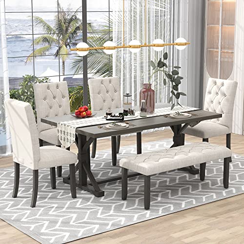 6-Piece Set Wooden Rectangular Table,4 Fabric chairs and Bench Family, Home Furniture for Dining,Living Room,and Kitchen,Espresso