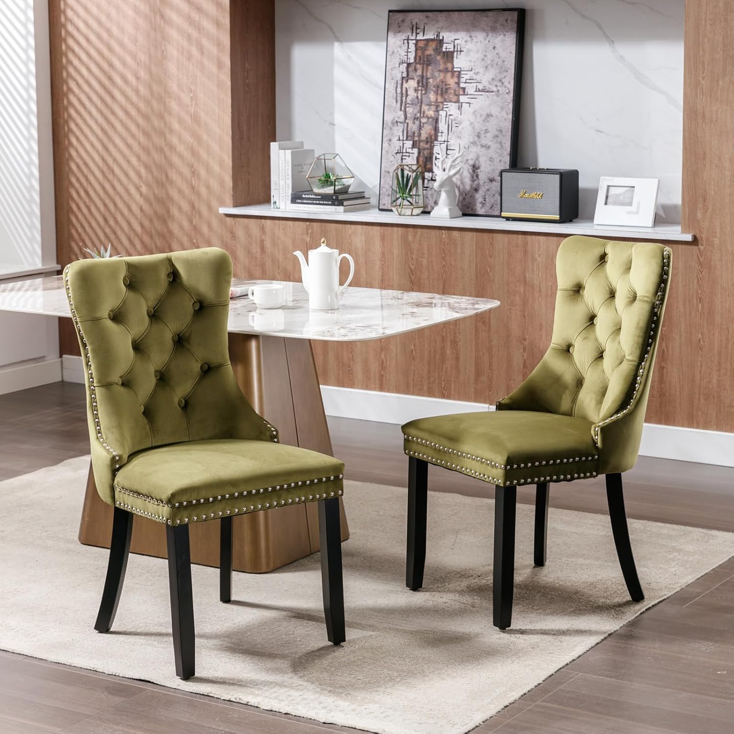 Nikki Collection Modern Velvet Upholstered Dining Chair, Olive-Green, Set of 2