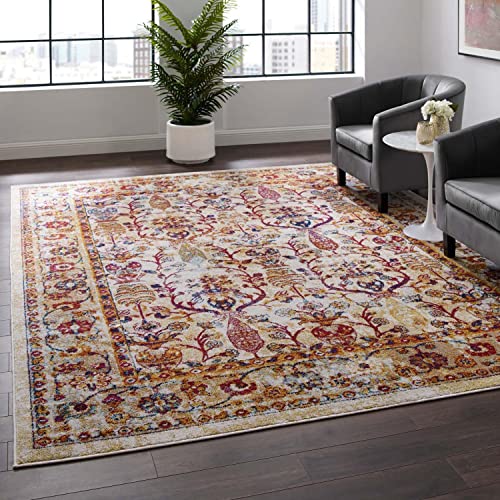 Modway Entourage Odile Transitional Distressed Vintage Floral Moroccan Trellis 8x10 Area Rug, Ivory, Blue, Red, Orange, Yellow