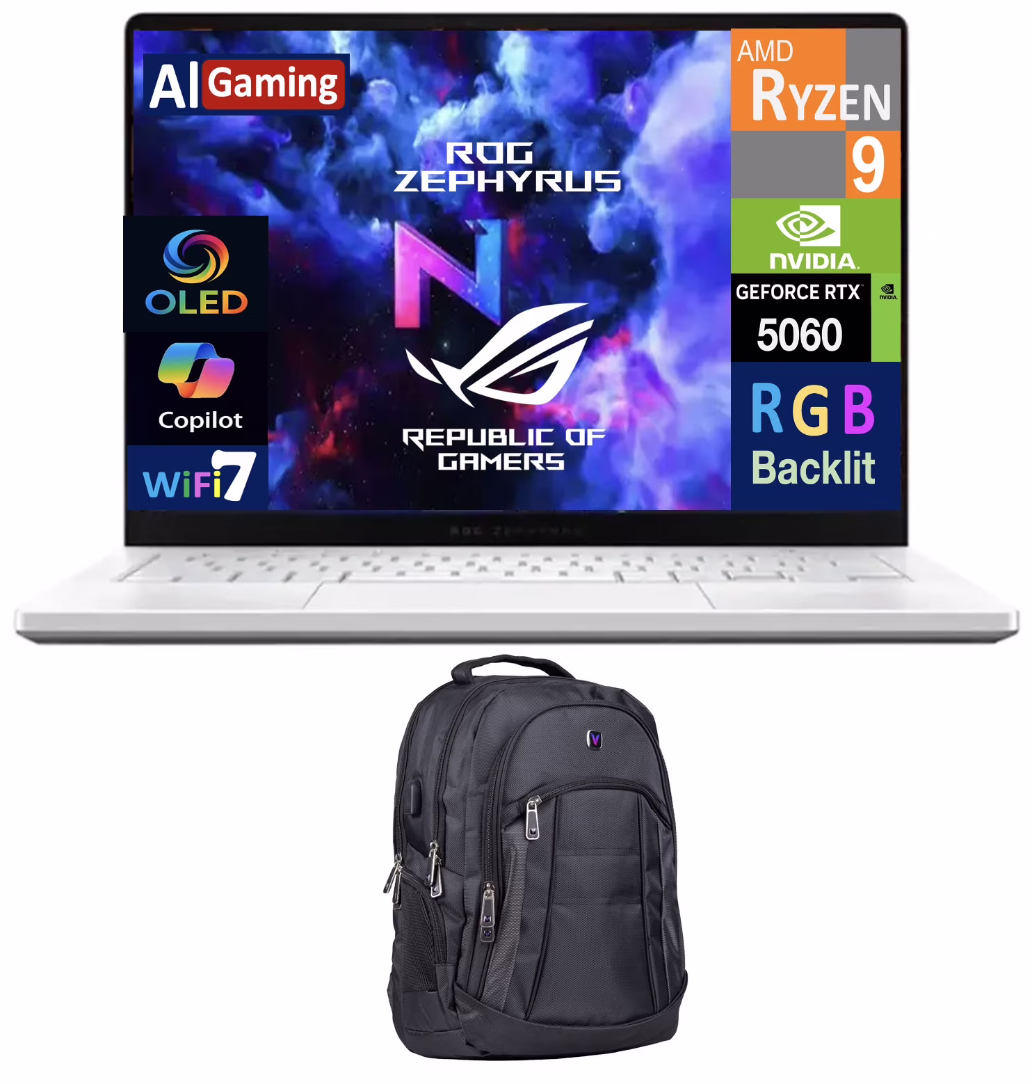 ASUS ROG Zephyrus AI Gaming Laptop 14.0in 120Hz OLED 2.8K Display (AMD Ryzen 9 270, RTX 5060 8GB, 16GB LPDDR5X, 2TB PCIe SSD, RGB KB, WiFi 7, Webcam, Win 11 Home) w/Premium Backpack