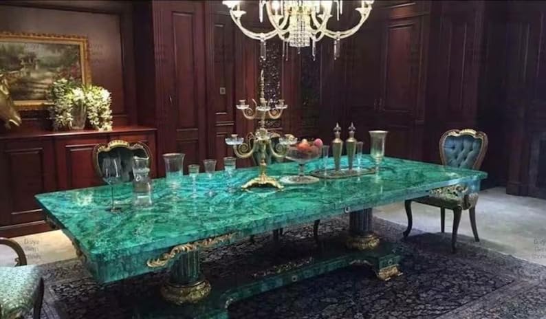 TUZECH Unique and Special Semi Precious Malachite Gemstone Dining Table Tops Malachite Conference Table Agate Stone Furniture Table Luxury Hallway Table Living Room Table (60 x 36 Inches)