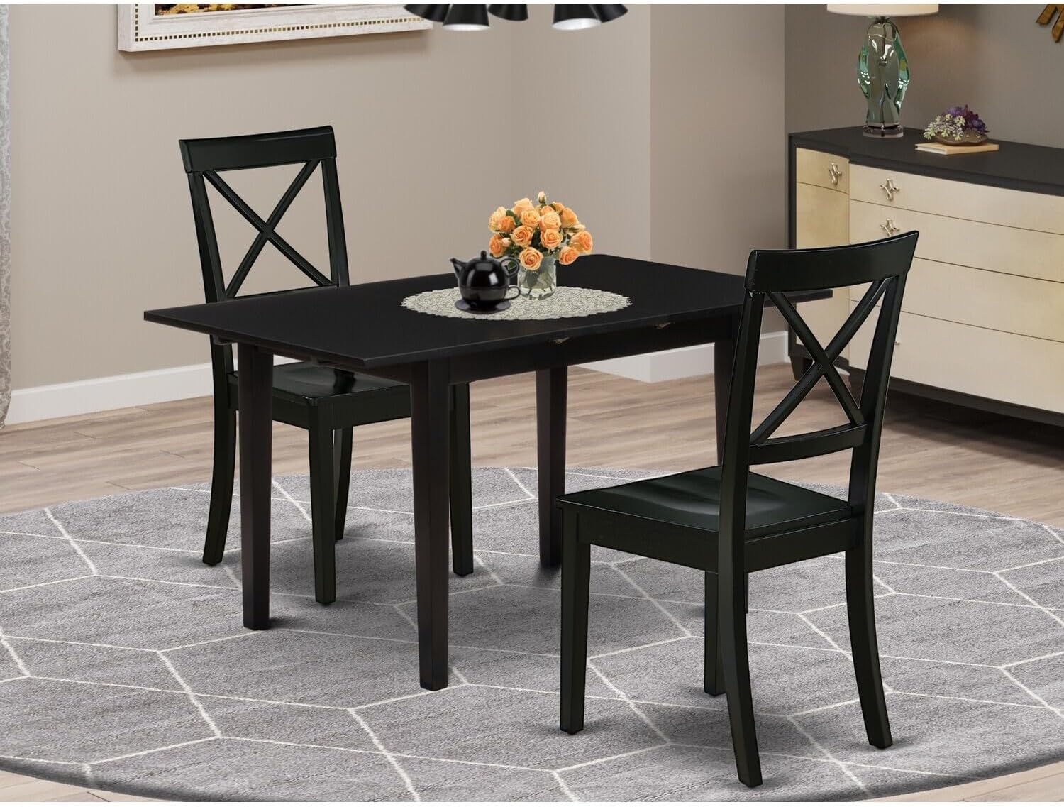 Contemporary Cool 3-Pc Rectangular Dining Table Set2 Dining Room Chairs with X-Back and A Wooden Seat and Butterfly Leaf Wooden Dining Table with Rectangular Top and 4 Legs- Black Finish