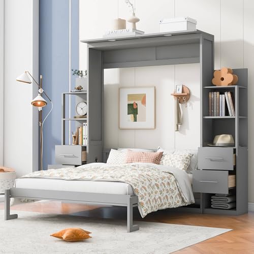 Murphy Bed with Shelving Units, Space-Saving Furniture for Living Room, Guest Room, Office, (White,Full)