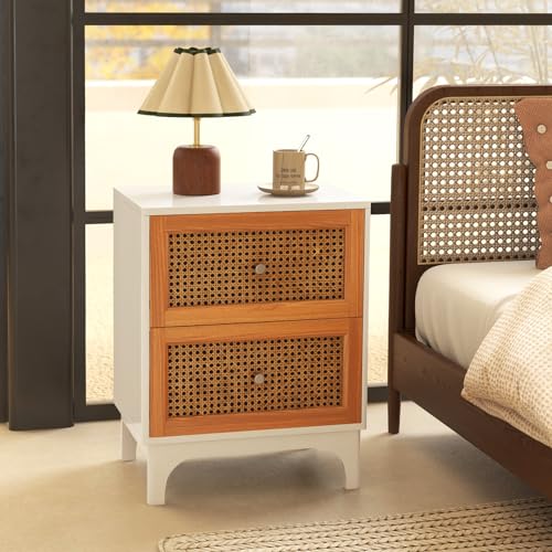 Giantex Rattan Nightstand, Boho 2 Drawers Night Stand with Handles, Cane Accent Sofa Side Table with Solid Wood Legs for Small Spaces, Wooden Bedside Table for Bedroom