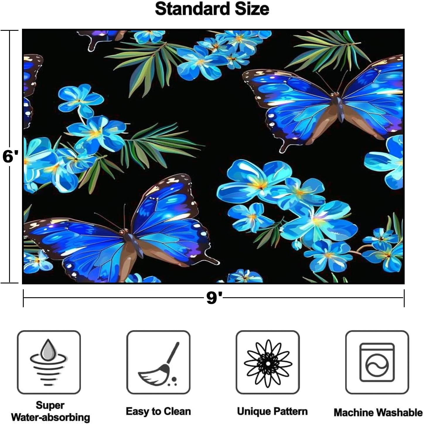 Area Rug Forget me flowers butterflies Floral seamless pattern butterfly Forget Washable 6x9 feet Large Rugs for Bedroom Kitchen Living Room Non Slip Outdoor Carpets Soft Mats for Home Playroom Decor