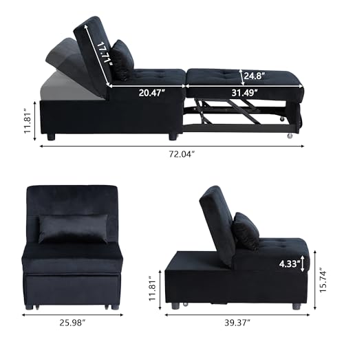 4-in-1 Convertible Chair Bed Sleeper, Velvet Pull Out Sofa Bed Chair with Adjustable Backrest, Small Ottoman Single Bed for Home Living Room (Gray)