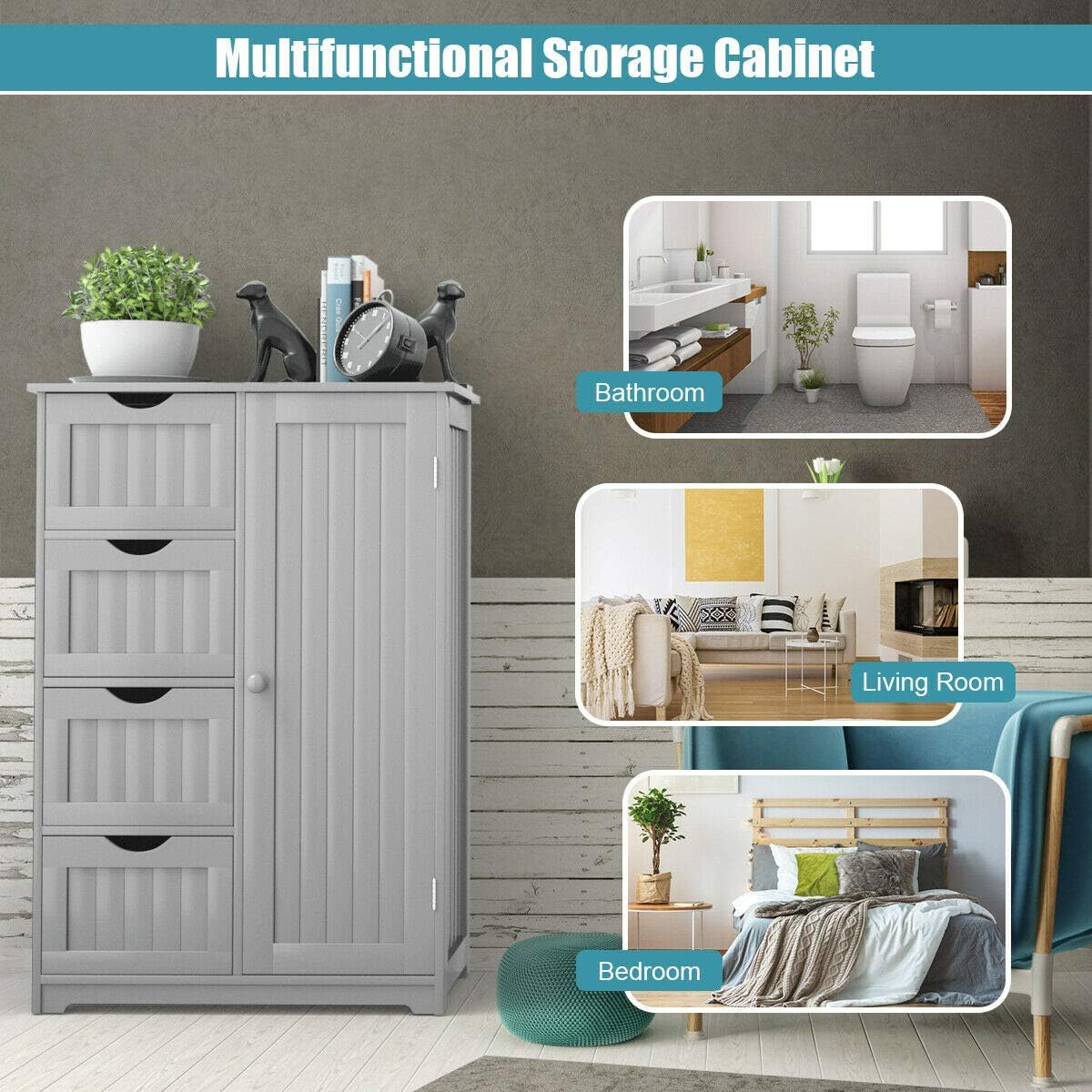 Elegant Design Multifunction Freestanding Bathroom Floor Cupboard Cabinet Storage Organize with 4 Drawer Adjustable Sturdy Durable for Toilet, Living Room, Bedroom, Corridor, Office Grey