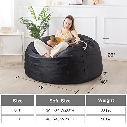 [Removable Outer Cover] Large Bean Bag Chair: 4 ft Memory Foam Bean Bag Chairs for Adults/Kids,Bean Bag Chair with Filler Included,Soft Faux Fur Fabric,Machine Wash,Ink Black,4 Foot