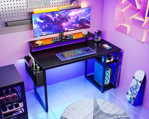 KKL 48 inch Small Computer Desk with Adjustable Monitor Stand, Home Office Desk & Workstation with Storage Shelves, Reversible Work Writing Study Table for Bedroom, Black