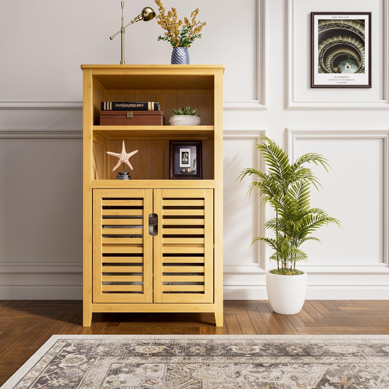 Bathroom Floor Cabinet Bamboo Storage Cabinet Freestanding, Large Side Kitchen Cupboard with Door and Shelf, Space Saving, Natural
