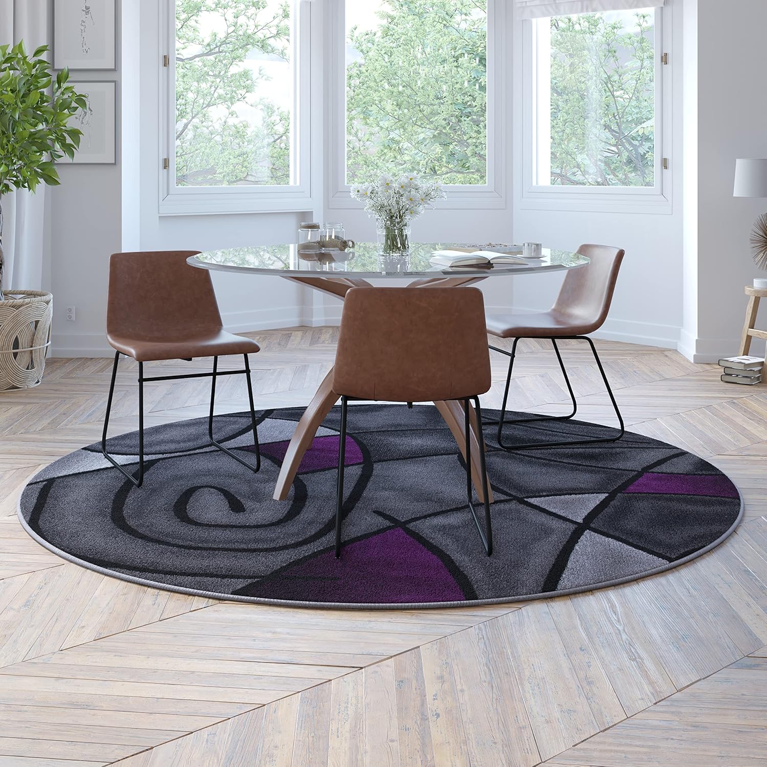 Flash Furniture Jubilee Collection Abstract Area Rug - Colorfast Purple Olefin Rug - 7' x 7' Round Area Rug - Jute Backing - Living Room, Bedroom, & Family Room
