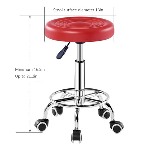 Pu Leather Round Rolling Stool with Foot Rest Height Adjustable Stool with Wheels 360 Degree Swivel Office Stool Chair for Spa Salon Massage Tattoo Shop Drafting Work Task, Black Red (Red)