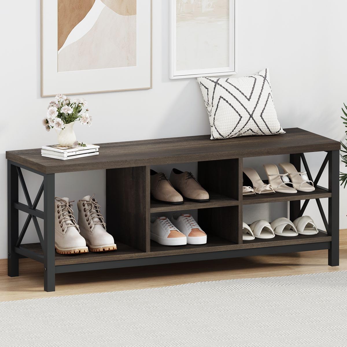 FATORRI Shoe Bench with Storage and Rustic Bookshelf with Drawer (Walnut Brown)