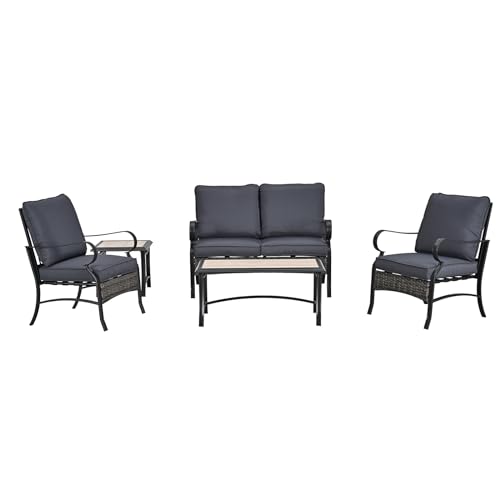 5 Piece Patio Furniture Set All Weather Rattan Wicker Sofa with Cushions,Outdoor Conversation Set Includes 1 loveseat & 2 Single Chairs & 2 Coffee Table