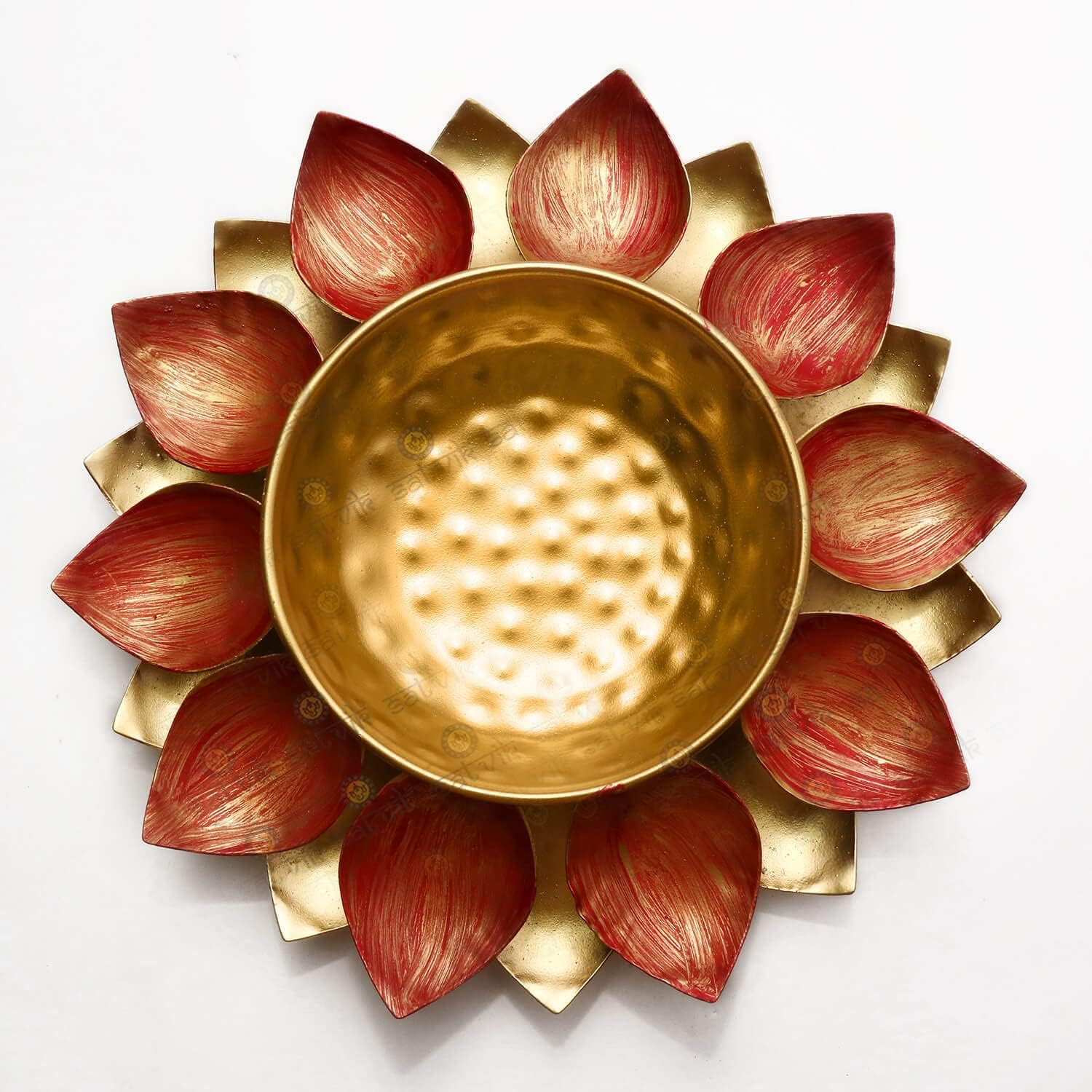 Satvik 3 Pc Designer Red Lotus Petals Shape Metal Urli, Beautiful Flower Floating Bowl with Tea Light Holder, Festival Tealight Living Room Decoration, Designer Home Decoration Ideas