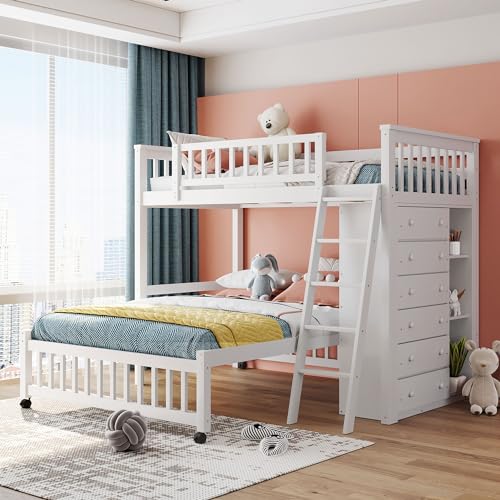 Twin Size Loft Bed with A Twin Size Stand-Alone Bed, Shelves,Desk,and Wardrobe Multifunctional 2 Beds in 1 Space Saving Furniture Bed Frames (Gray, Twin)