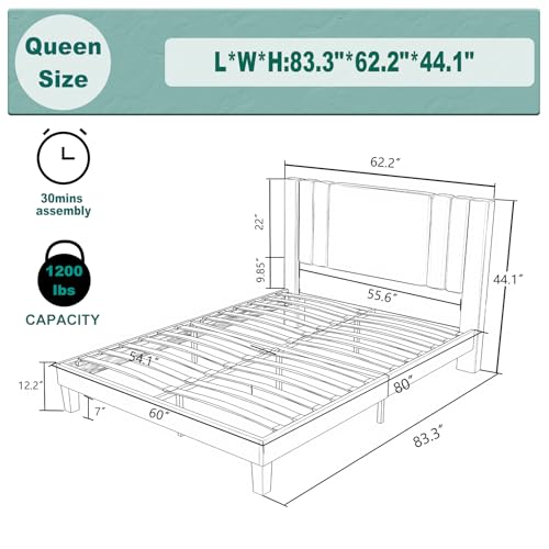 Tyndall Queen Size Bed Frame, Faux Leather Upholstered Platform with Headboard, Easy Assembly, No Box Spring Needed, Non-slip and Noise-free with Strong Wooden Slats (Queen (U.S. Standard))