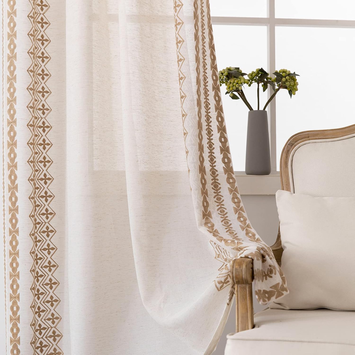 Cream Boho Curtains 95 Inches Long 2 Panels for Living Room Bedroom Grommet Natural Linen Curtains Light Filtering Window Curtains for Dining Room Country Rustic Farmhouse Decor, 52x95, Taupe
