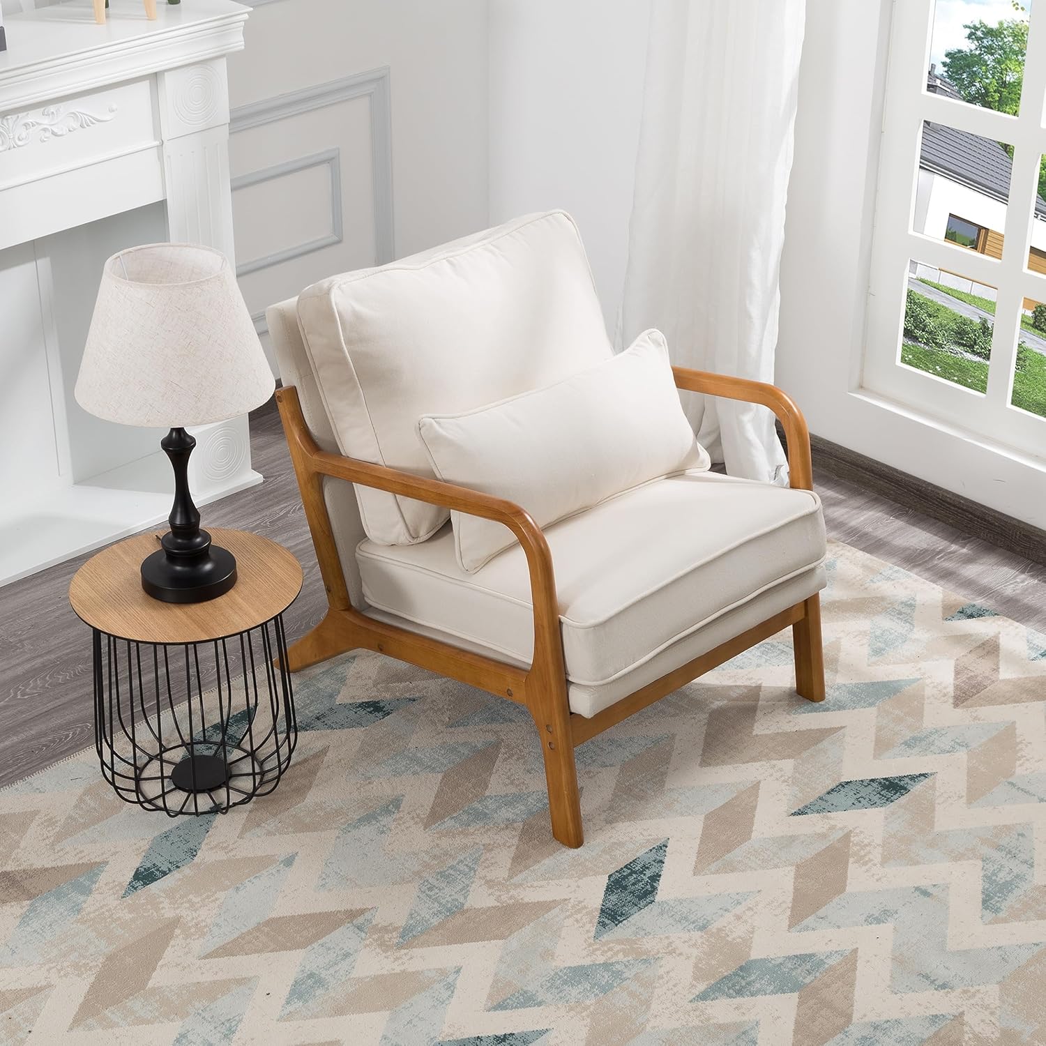 Accent Mid-Century Modern Pillow Upholstered Lounge Arm, Reading Armchair with Solid Wood Frame & Soft Cushion, Living Room Chairs for Bedroom,Sunroom, Beige