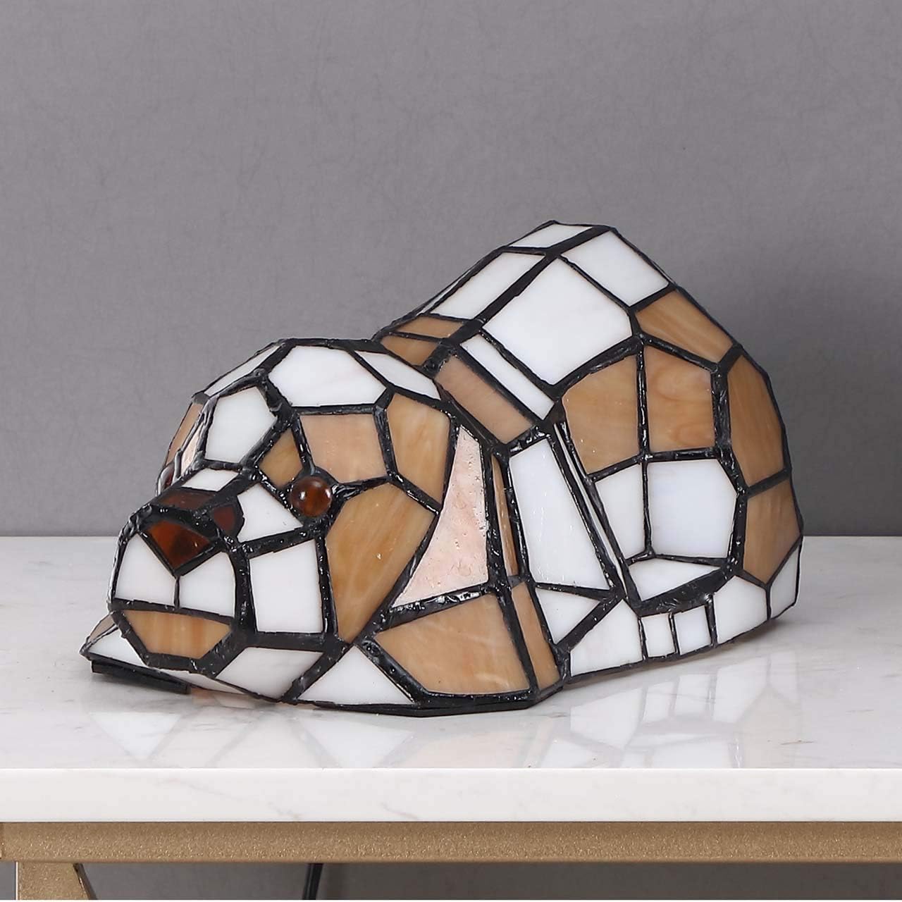Bieye L10210 Cute Puppy Dog Patiently Waiting for Someone to Play with Tiffany Style Stained Glass Accent Table Lamp Night Light for Bedside Living Room Office Bedroom Animal Pet Lover, Orange