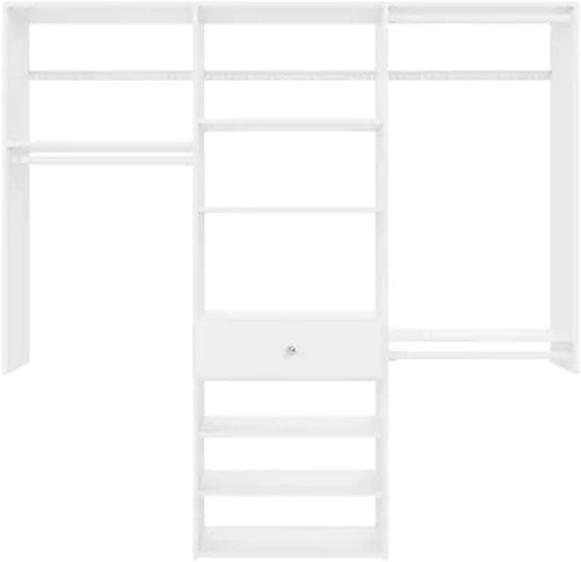 Easy Track 6Ft Perfect Fit Reach In Closet Storage Wall Mounted Wardrobe Organizer Kit System with Shelves and Drawer in White for Bedroom w/ Hardware