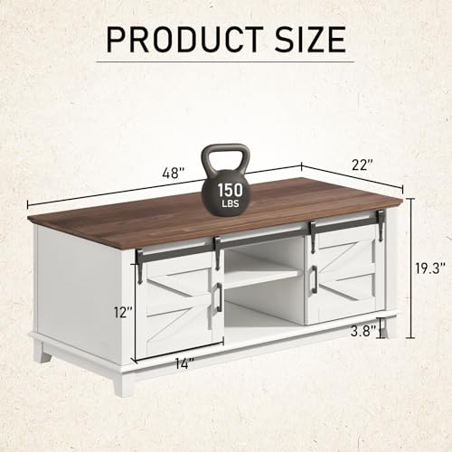 Farmhouse Coffee Table with Sliding Barn Doors, 48'' Living Room Table with Storage Adjustable Shelves, Rustic Wood Rectangular Tables for Meeting Room, Antique White