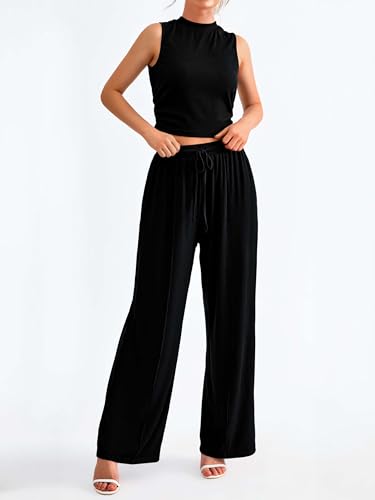 MASCOMODA Womens 2 Piece Outfits 2024 Summer Crewneck Sleeveless Cropped Tank Tops Wide Leg Long Pants Tracksuits Lounge Sets