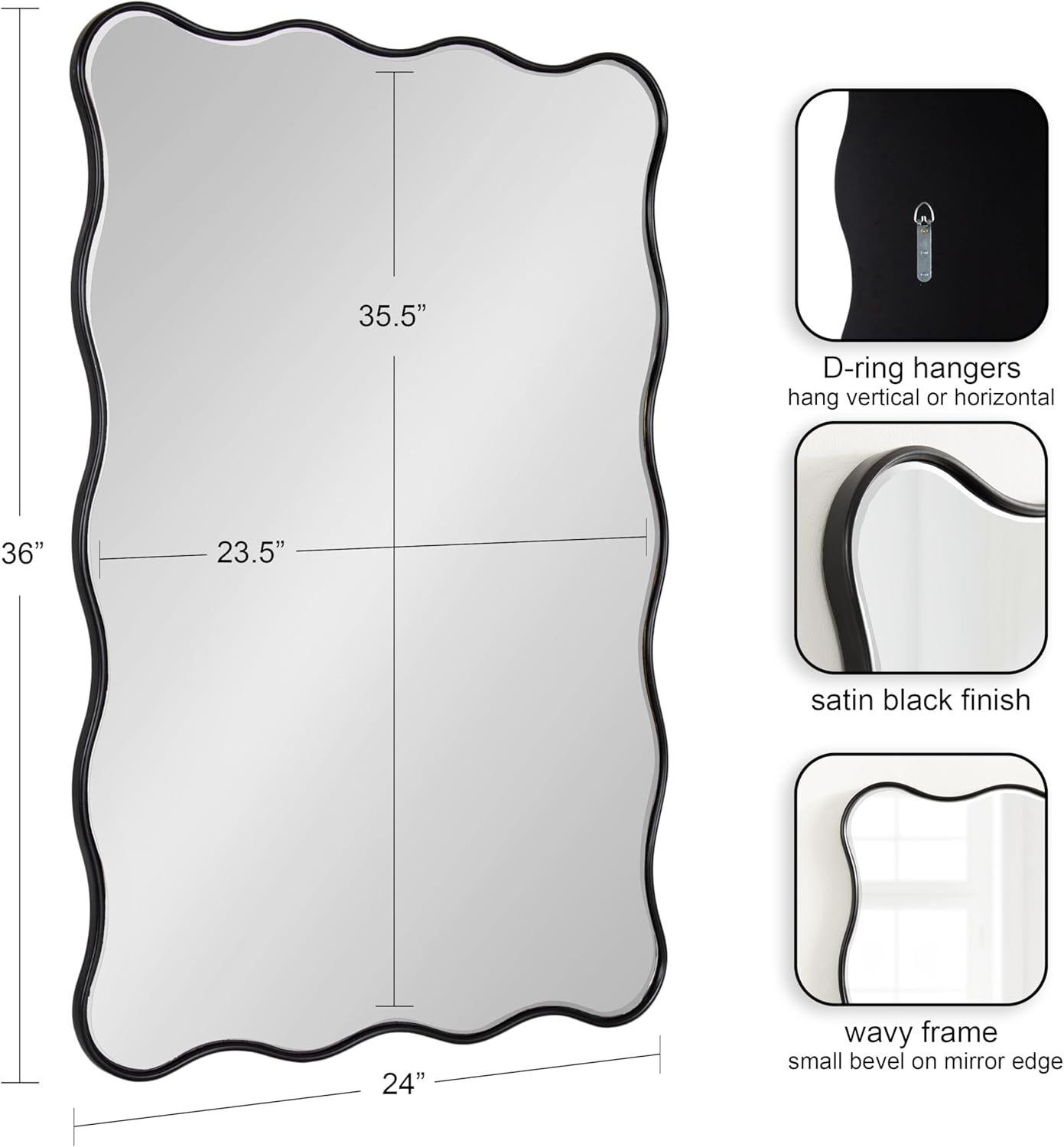 Kate and Laurel Viona Modern Scalloped Rectangle Mirror, 24 x 36, Black, Decorative Wavy Mirror with Unique Rippled Edge for Use as Bathroom Vanity Mirror