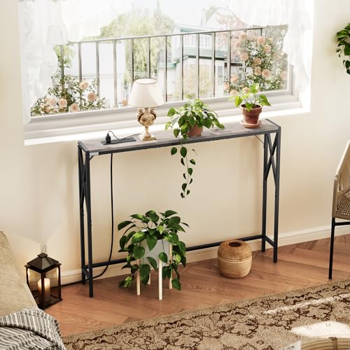 2 Pack Sofa Table with Charging Station, 39.4” Console Table, Narrow Entryway Table, Slim Hallway Table, Retro Couch Table, for Entrance, Foyer, Living Room, Hallway, Greige CTHG151E01S2