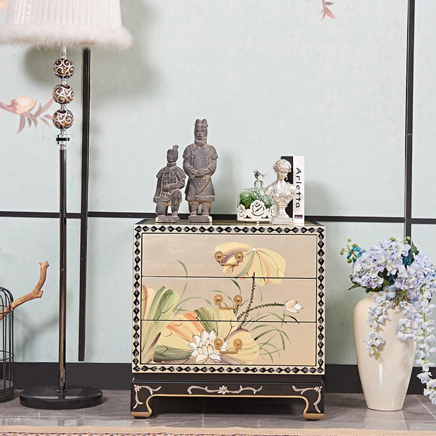 Luxury Chinese Style Nightstand, Exquisite Classical Painted Bedside Tables, Wooden Storage Cabinet with 3 Drawer, Night Stands Side Table Living Room Bedroom Furniture