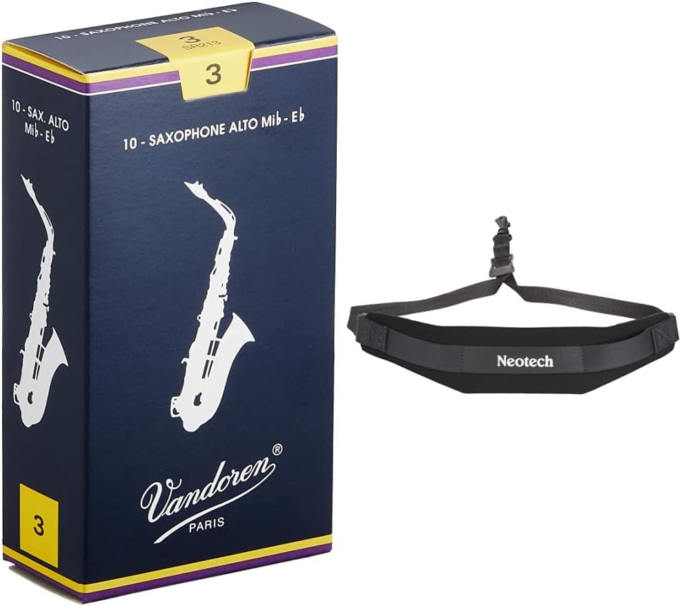 Vandoren SR213 Alto Sax Reeds Strength 3 with Saxophone Strap
