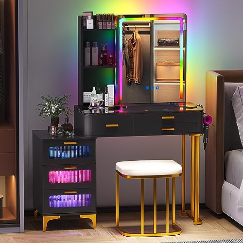 RGB Makeup Vanity Table with Wireless Charging Station,LED Vanity Make up with USB Ports,7 Dynamic and 7 Static Dimmable Vanity Table Set with 5 Drawers and Cosmetics Storage Box