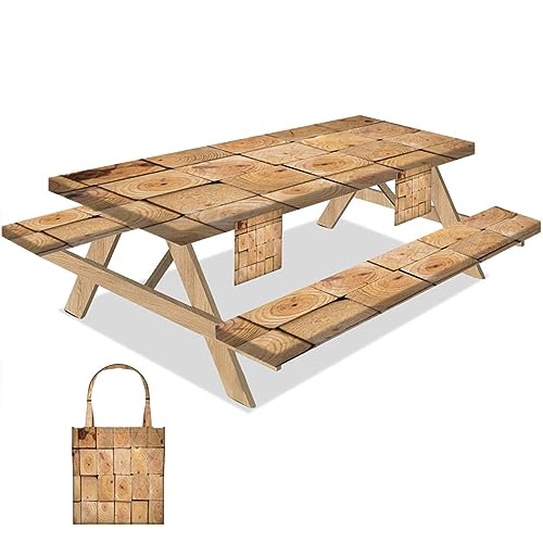 Outdoor Picnic Table Cover with Bench Covers 6Ft 3-pc Set Stacked inch x inch Wood Timber Side Profile Elastic Extra Long Rectangular Tablecloth Camping Waterproof Wipeable