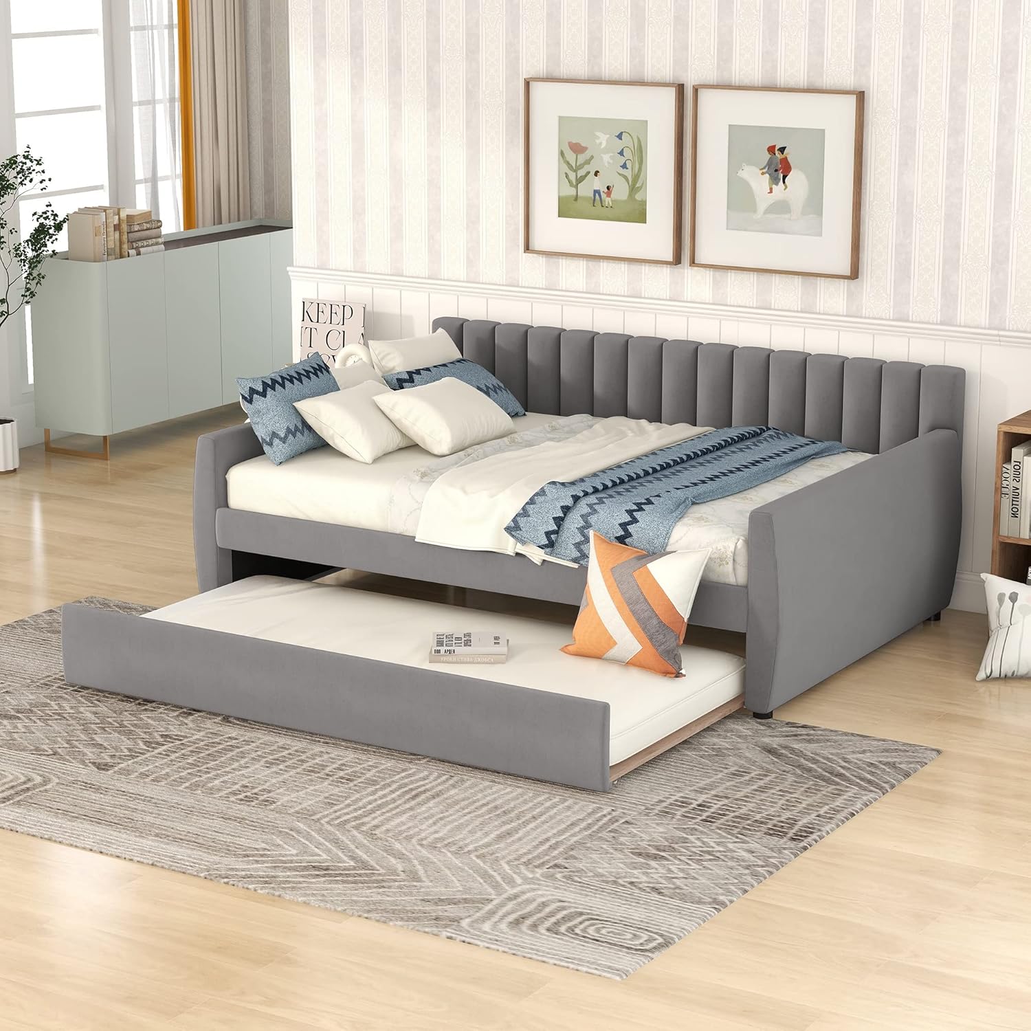 Upholstered Daybed with Trundle, Full Size Day Bed Sofa Bed, Modern Full Daybed Frame, Extendable Frame for Kids Teens Adults,Living Room, Bedroom, New (Gray+ FULL)