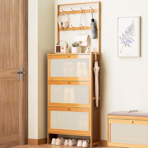 Shoe Cabinet with Flip Drawer Multifunctional Slim Hidden Slim Shoe Rack Organizer Freestanding Bamboo Shoe Shelf Coat Rack for Closet Hallway Bedroom Entryway, A-50*24*152cm