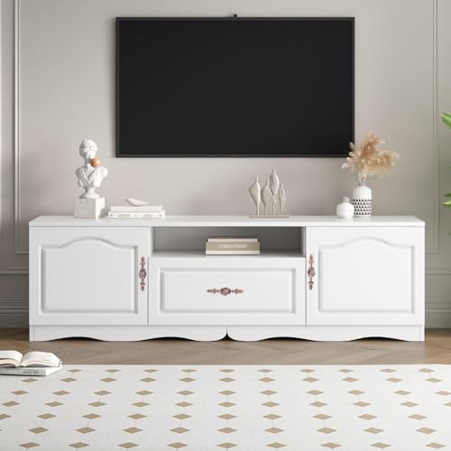 Extendable Modern Minimalist Stand, Up to 100'' -Rectangle TV 2 Drawers and 1 Cabinet for Living Room, Space-Saving Design, 70.7 inches, White